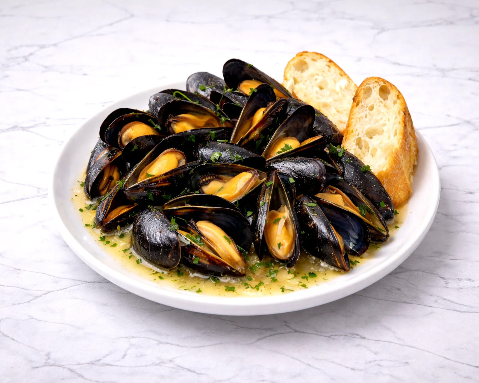 Fresh mussels in white wine garlic broth served with bread at ByWard Market Ottawa