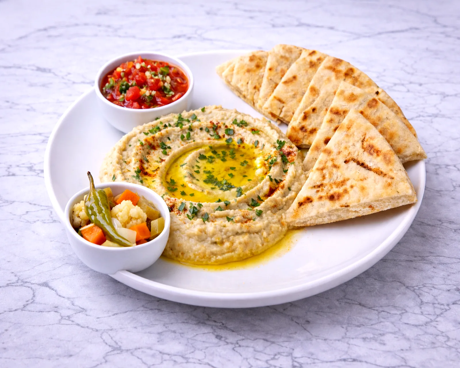 Creamy house hummus with olive oil and grilled pita at ByWard Market Ottawa