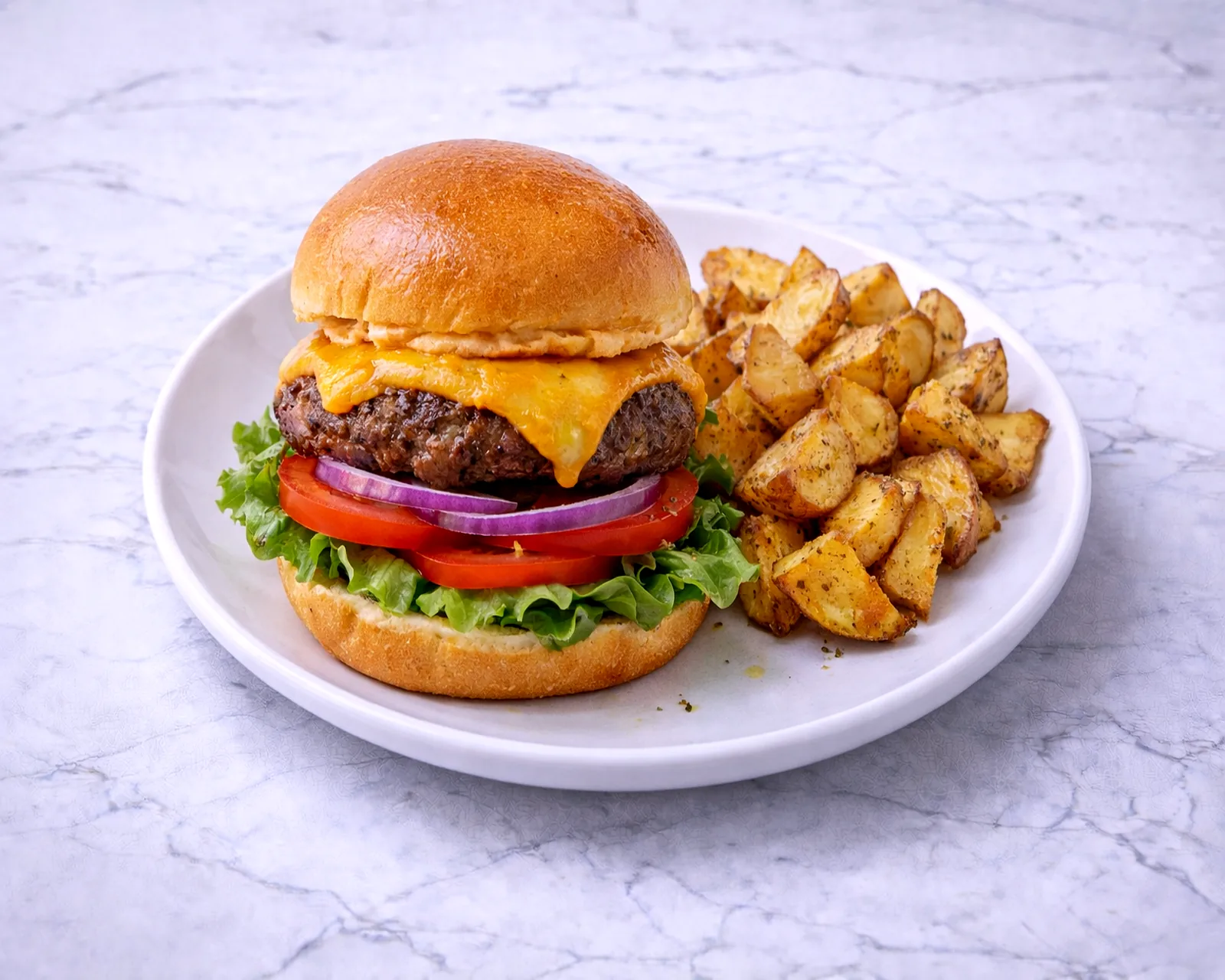 Juicy burger with cheese and wedges at ByWard Market Ottawa
