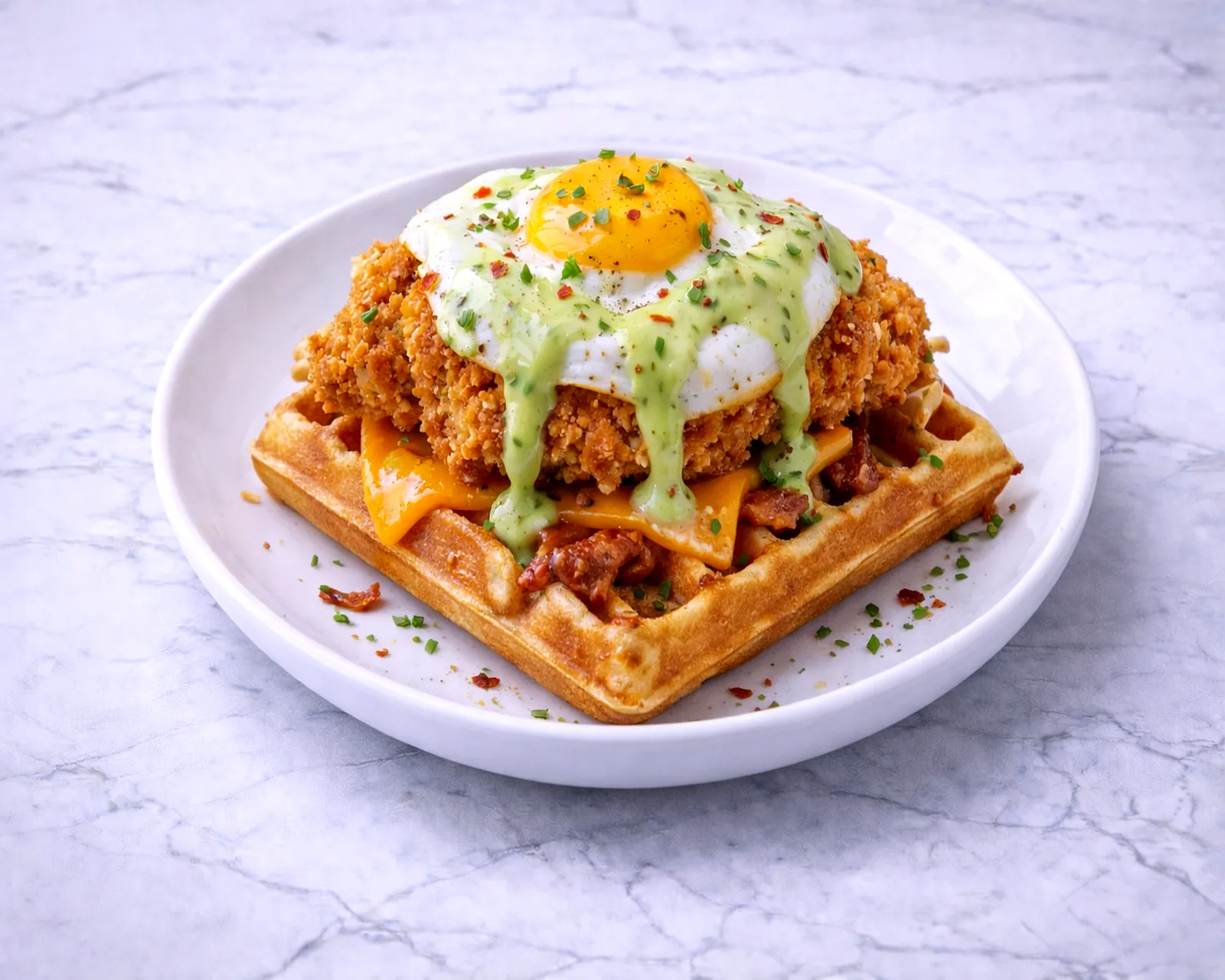 Chicken and waffle with egg and cheddar at ByWard Market Ottawa