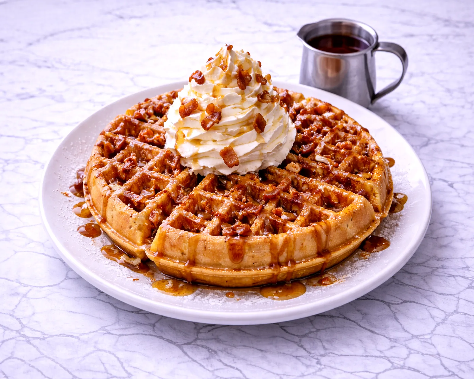 Maple bacon waffle with whipped cream at ByWard Market Ottawa