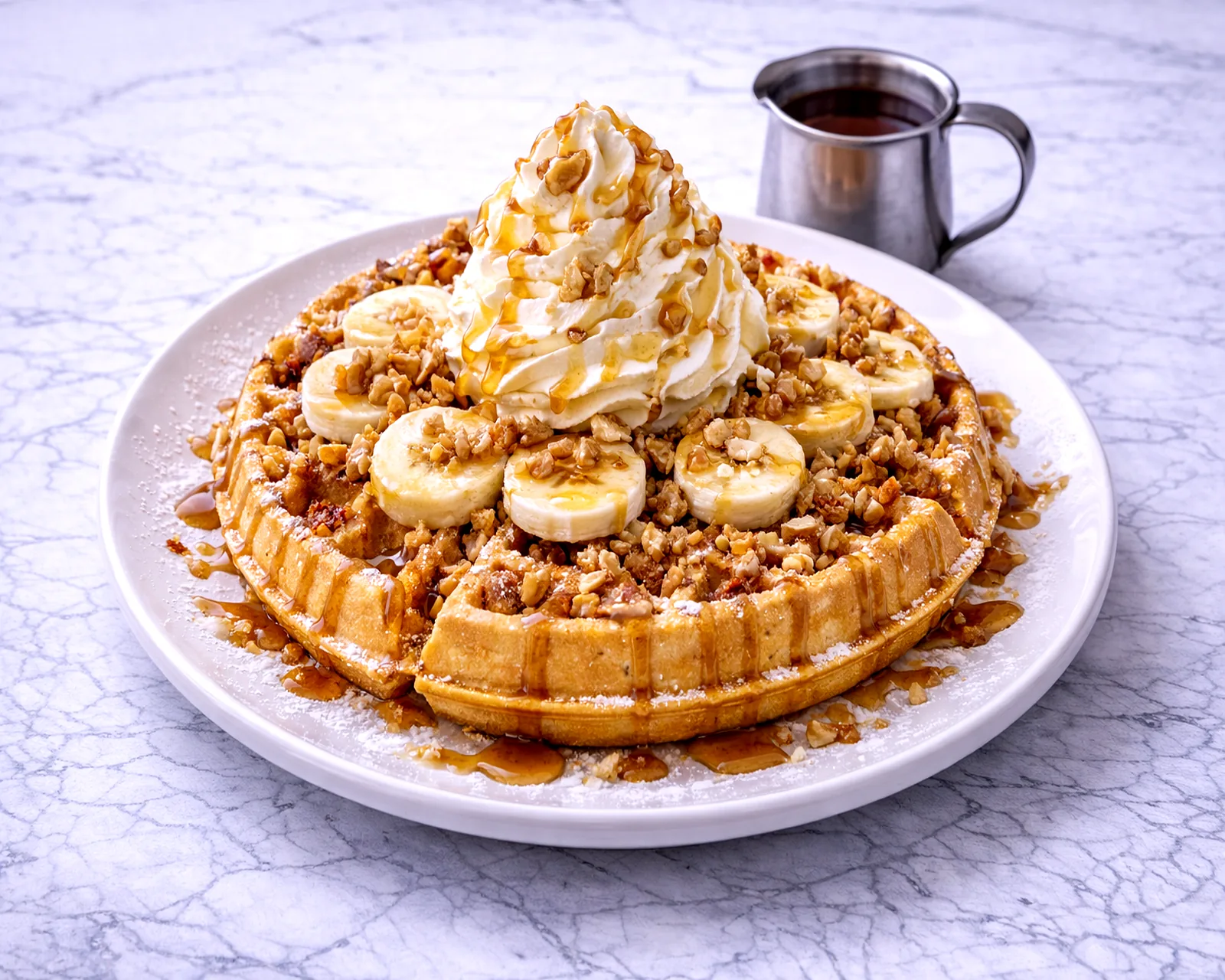 Banana walnut waffle with maple syrup at ByWard Market Ottawa