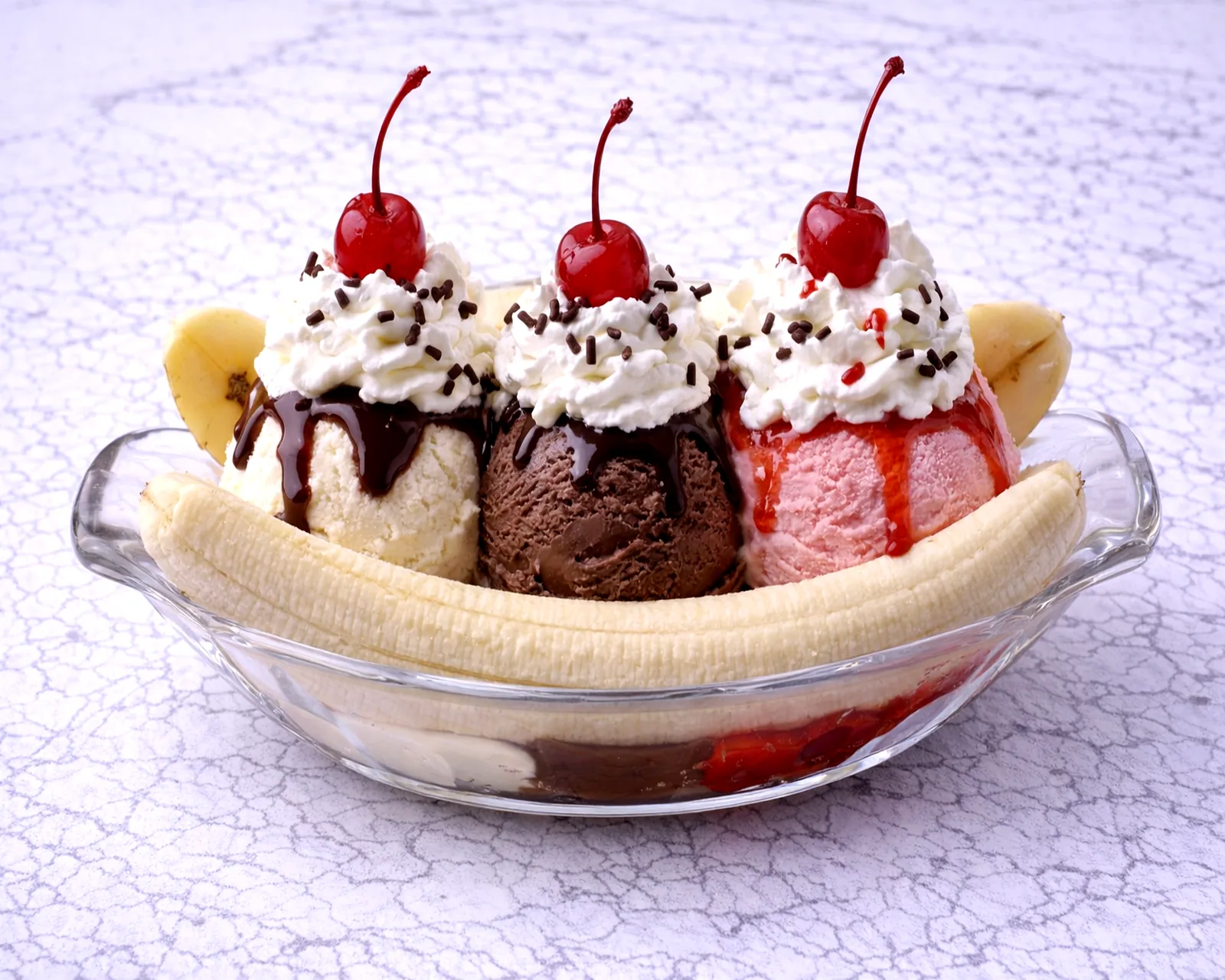 Banana split with three ice cream scoops at ByWard Market Ottawa