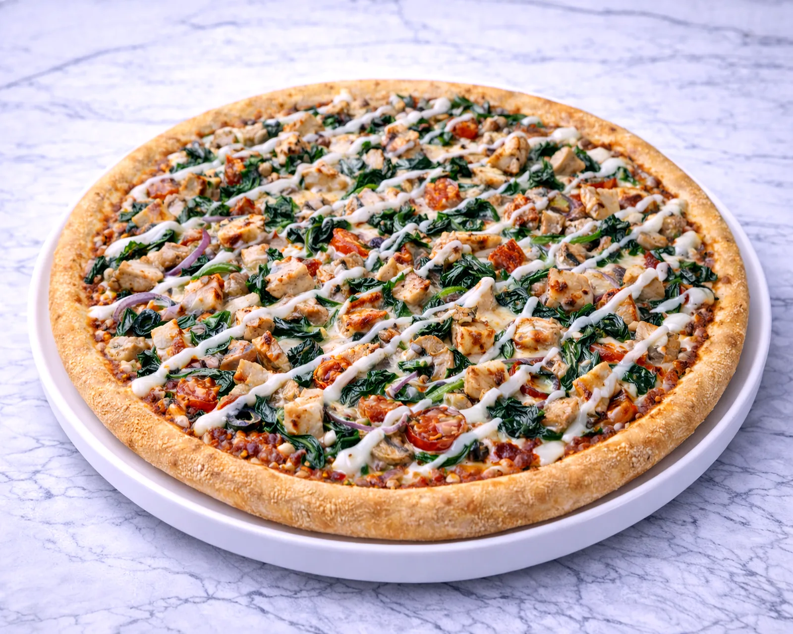 Chicken pizza with spinach and white sauce at ByWard Market Ottawa